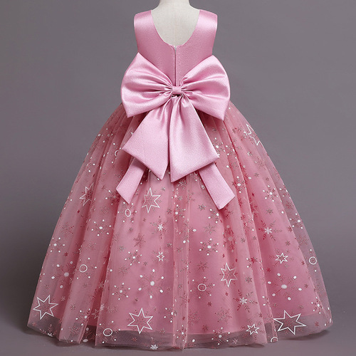 Girls' dress evening dress printed mesh puffy dress princess dress sweet host dress speech performance