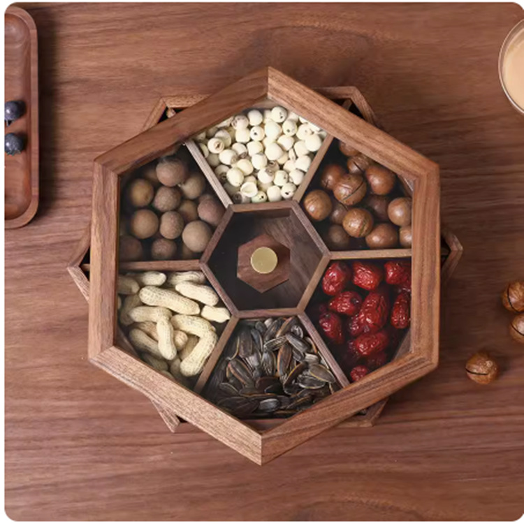 Placa de fruta seca hexagonal de nogal negro Placa de aperitivo atmosférica de alta gama sala de estar creativa rejilla Placa de tuerca hogar madera maciza