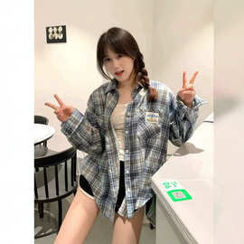 蓝色格子衬衫小外套秋季休闲长袖格纹防晒衬衣复古法式上衣女夏季