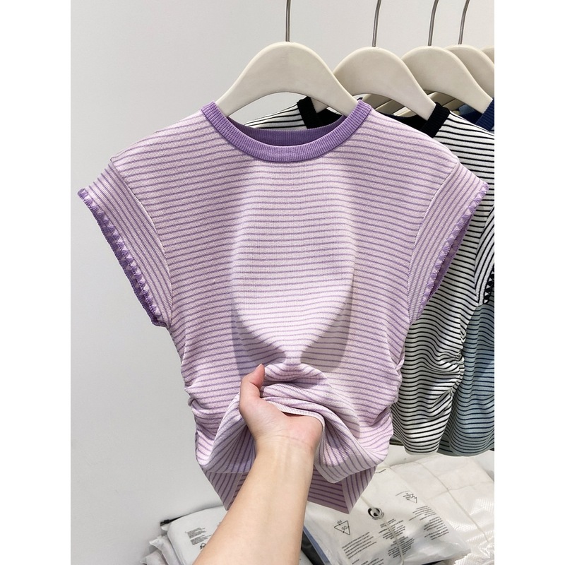 韓国風コントラストカラーアイスシルク薄手Tシャツレディースおしゃれ年齢軽減ストライプ半袖2025夏ファッション小飛袖トップス|undefined