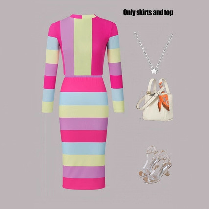 Women's Slim-Fit Striped Long Sleeve Top And Midi Skirt Set, Elegant Two-Piece Outfit ​​Elegant Midi Length_ecoleips.com