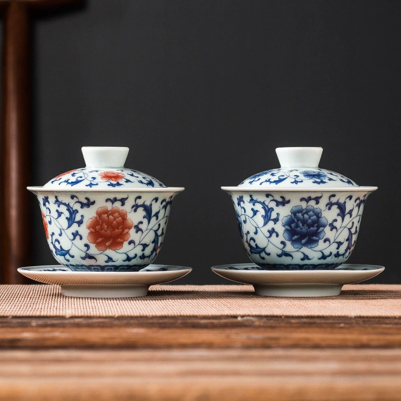 Antique blue and white ceramic tea cup for home use, anti-scald