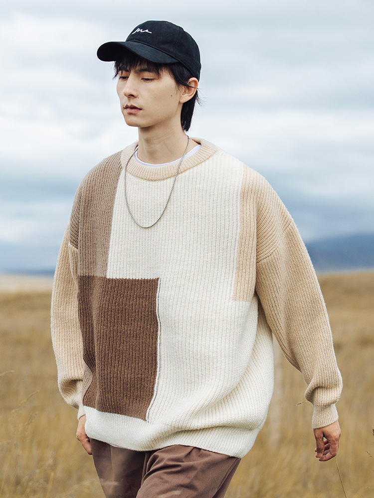 Suéter de punto con diseño de bloques de color y patchwork, estilo nuevo de otoño e invierno 2024, textura de punto grueso, suéter con cuello redondo, chaqueta q