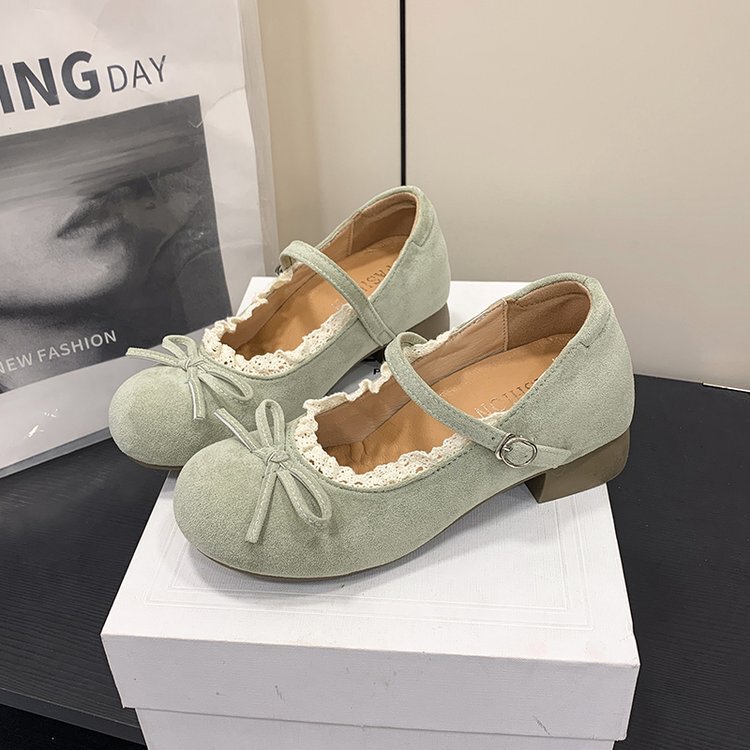 Korean Style Internet Celebrity Student Sweet and Cute Fairy Shoes with Lace Bow, Chunky Heel, and Mary Jane High Heels