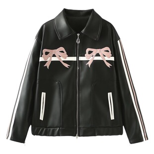 2024 spring new European and American cross-border women's clothing sweet cool bow embroidered leather jacket jacket w034 23215