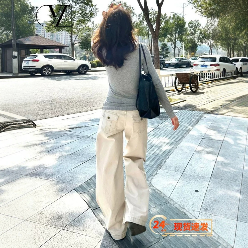 American-Style Light Apricot Low-Waist Wide-Leg Jeans for Women, 2026 Summer New Style, Loose Fit, Slimming, Versatile, Drapey Straight-Leg Pants