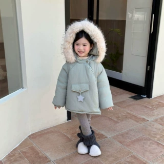 女童冬季大毛领精灵帽棉衣韩系湖蓝加绒加厚五角星斜襟面包服外套