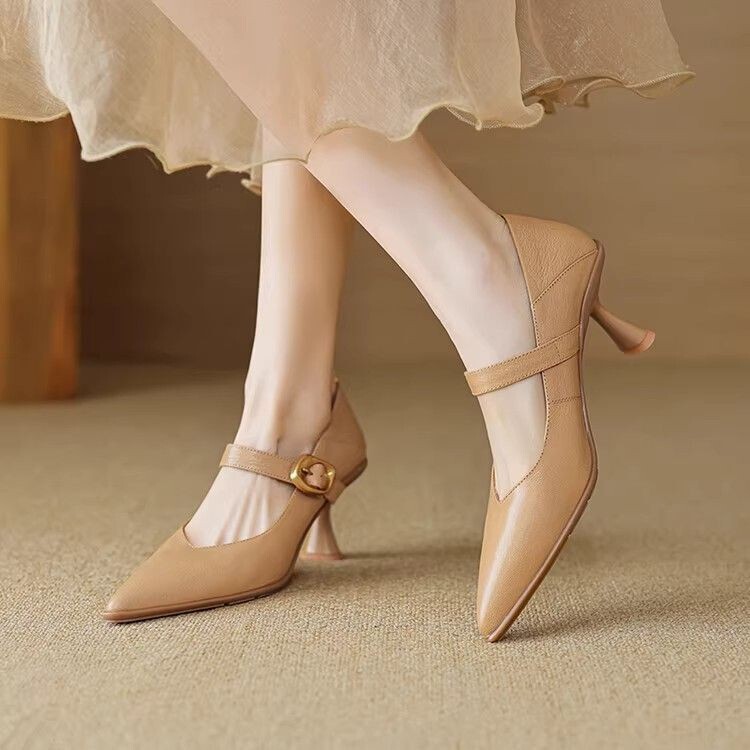 French Pointed Toe Thick Heel One-Strap Mary Jane Shoes for Women 2025 New Versatile Soft Leather Black High-Heeled Shoes French Pointed Toe Thick Heel One-Strap Mary Jane Shoes for Women 2025 New Versatile Soft Leather Black High-Heeled Shoes