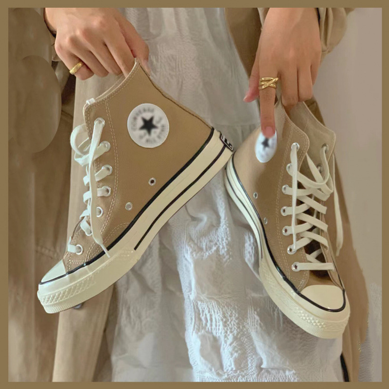 Meiqi Converse 1970S Canvas Shoes in Milk Tea Color, Classic Vulcanized Sole, Height-Increasing Versatile Style, Mori Girl Style
