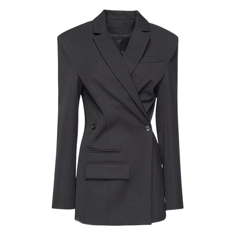 Черный нишевый костюм на весну и осень, шерстяной двубортный жакет с косыми лацканами и накладками на плечах, женский повседневный пиджак для женщин