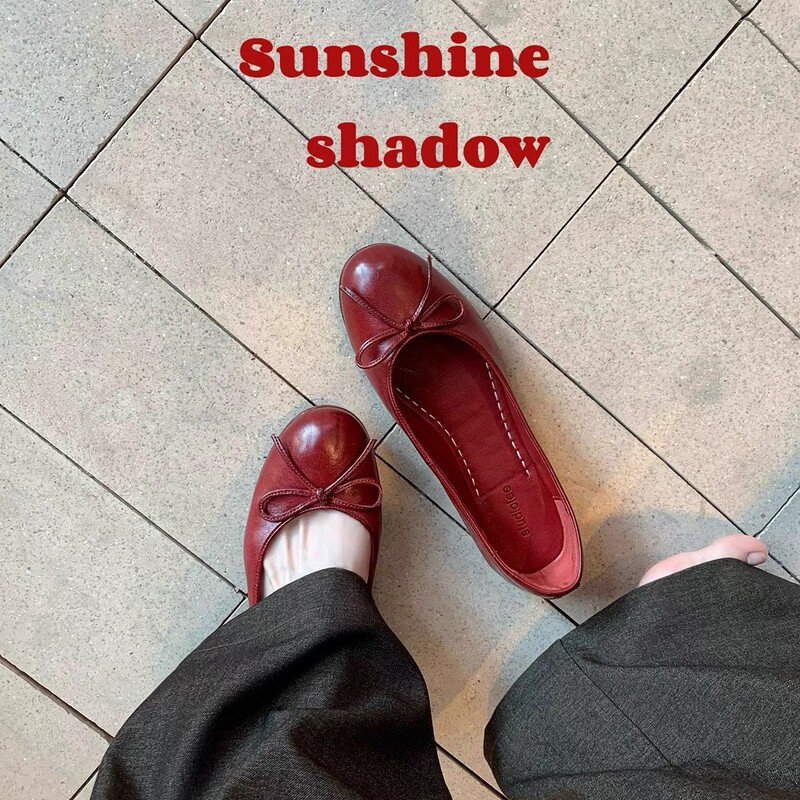 Super Soft Washed Horse Leather Grape-Colored French Retro Bowknot Shallow Mouth Single Shoes for Women Versatile Ballet Flats