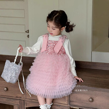 女童公主裙2025秋季新款儿童珠片排褶粉色蛋糕裙生日礼服演出服