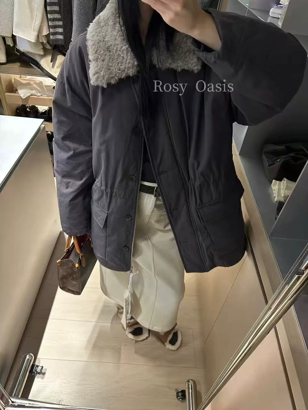 8S195 울 칼라 미디엄 롱 구스다운 재킷 - 다크 그레이