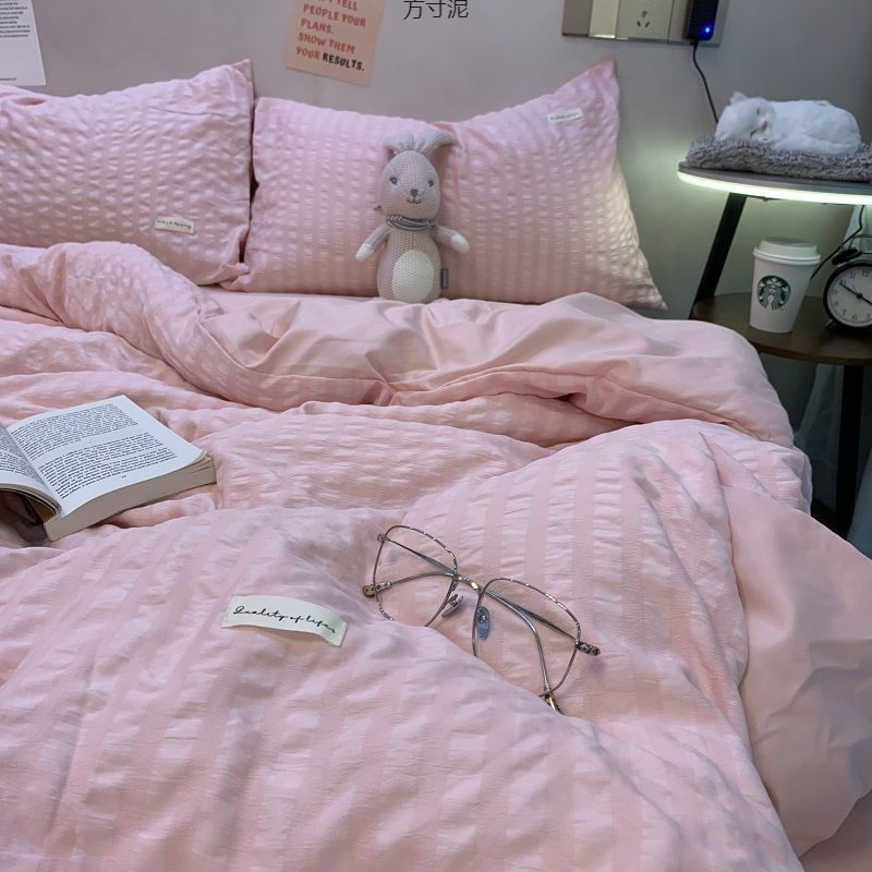 Korean Style Light Blue Bed Sheet Set Four Piece Bedding_voghion.com