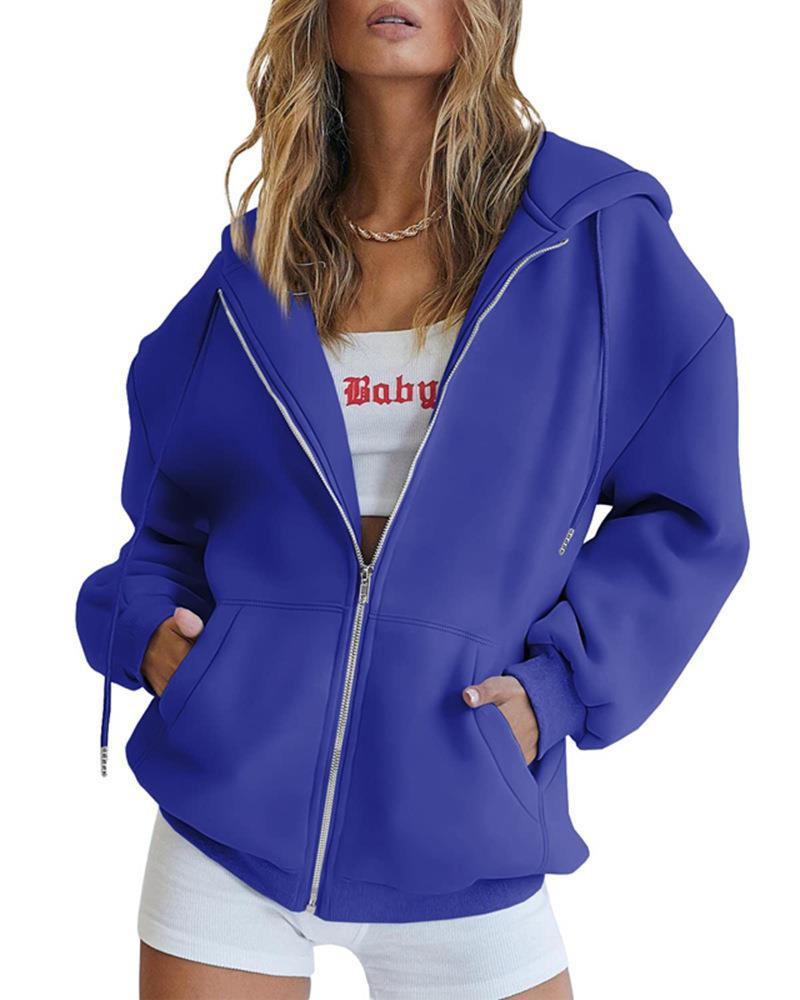 456g Weight Long Sleeve Sleeve Length Zipper Placket Type Regular Sleeve Sleeve Type Polyester Fabric Type Long Top Length Hoodie Tops Type Daily Occasion Hooded Neckline Regular Fit Fit Type Solid Color Pattern Spring, Autumn Season Women's Gender Pocket Design Streetwear Style Women's Streetwear Solid Color Pocket Zipper Hoodie 47