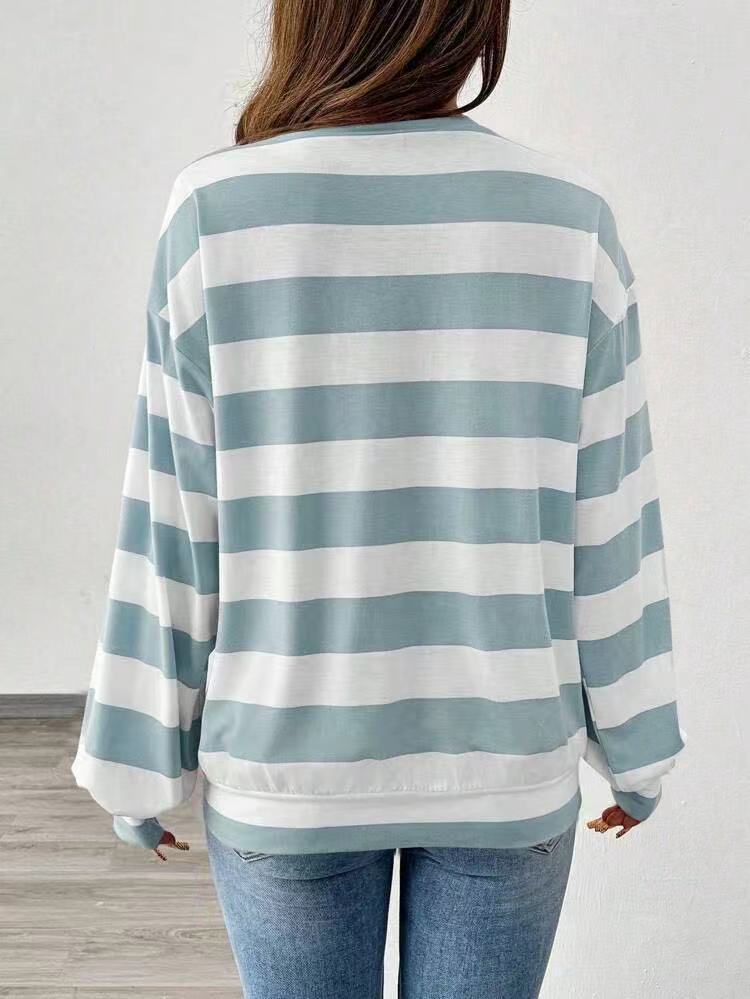 's New Cross-border Loose Striped Long-sleeve T-shirt For Women, Korean Style Versatile Top_ecoleips.com