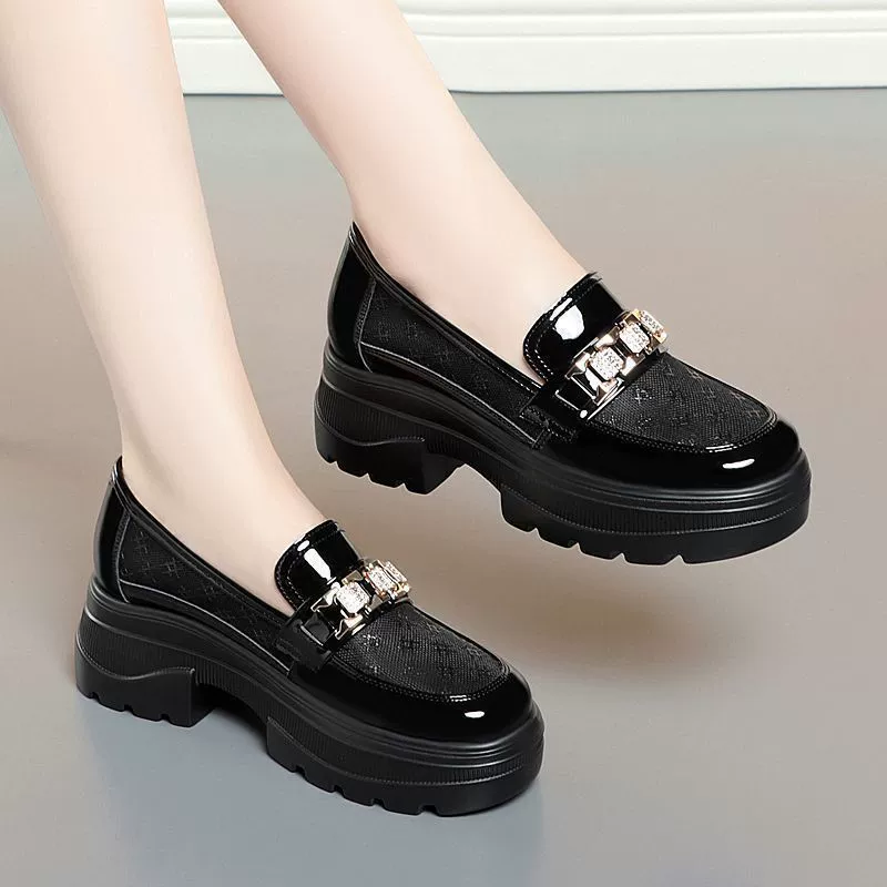 Lefu обувь с толстой подошвы британские женские одиночные туфли новая весна и лето сетка с лакированной кожей женские туфли с водяными стразами