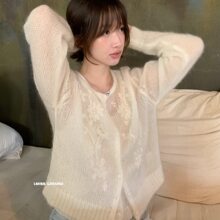 I MISS韩标绝美刺绣花朵马海毛针织开衫女2026春季镂空毛衣外套
