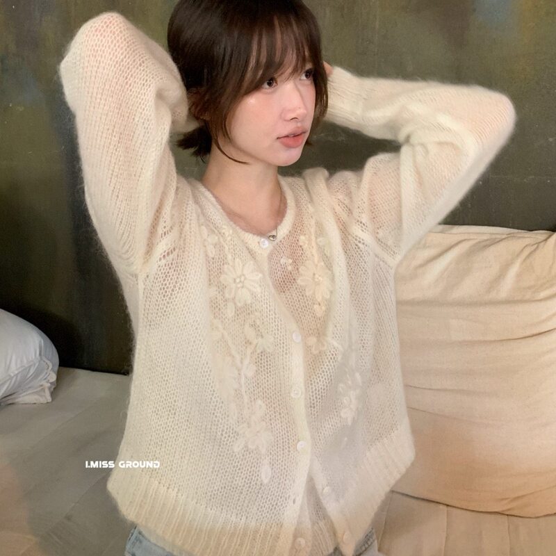 I Miss Korean-Style Exquisite Embroidered Floral Mohair Knit Cardigan for Women 2026 Spring Hollow-Out Sweater Coat I Miss Korean-Style Exquisite Embroidered Floral Mohair Knit Cardigan for Women 2026 Spring Hollow-Out Sweater Coat