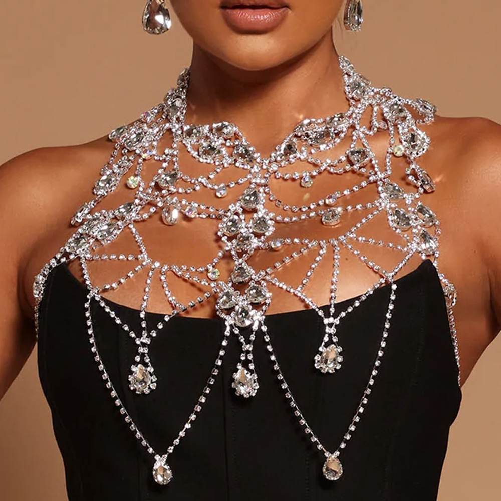 Cadena de pecho de diamantes de imitación de comercio exterior transfronterizo Europa y América sexy gota de agua borla llena de diamantes accesorios de pecho Cadena de cuerpo de Bikini