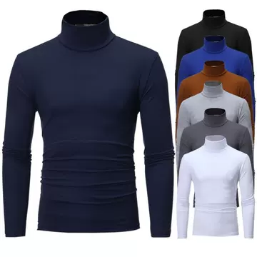 Spring and autumn slim slim solid color half high collar long sleeve T shirt men's tight bottom shirt trend in the collar autumn clothes large tide - ShopShipShake