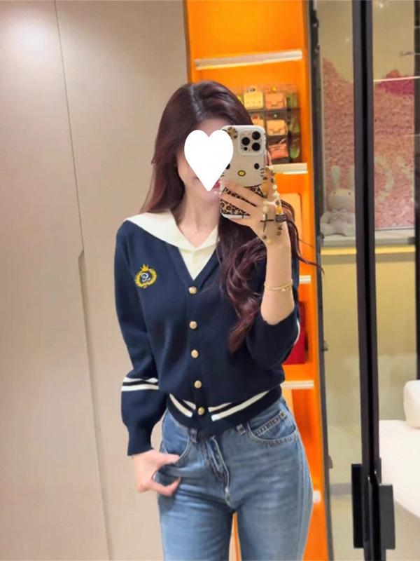 学院风撞色假两件针织开衫女2025秋季新款海军领宽松休闲上衣外套|undefined
