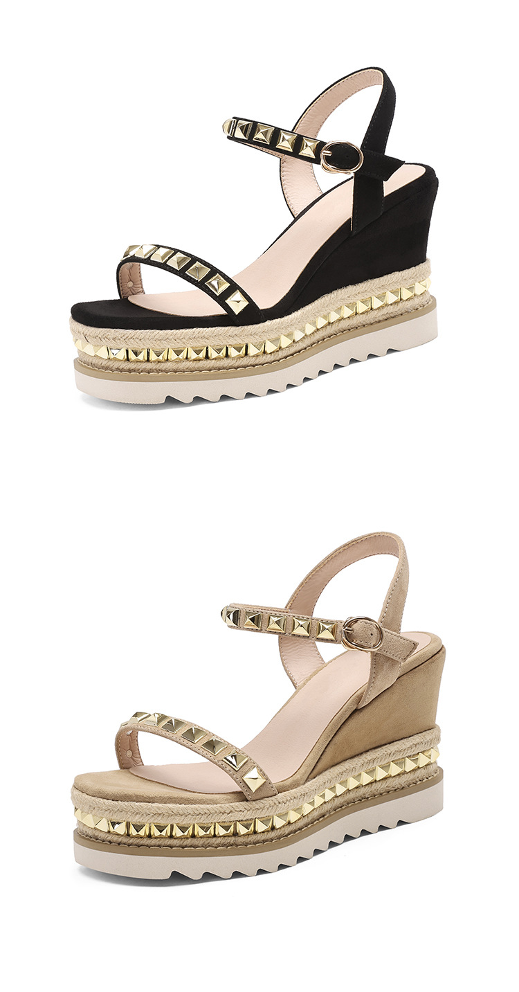 Sandal cao gót nữ đế xuồng đan rơm, mũi vuông hở ngón, quai ngang đinh tán — màu đen, màu kaki chi tiết 21