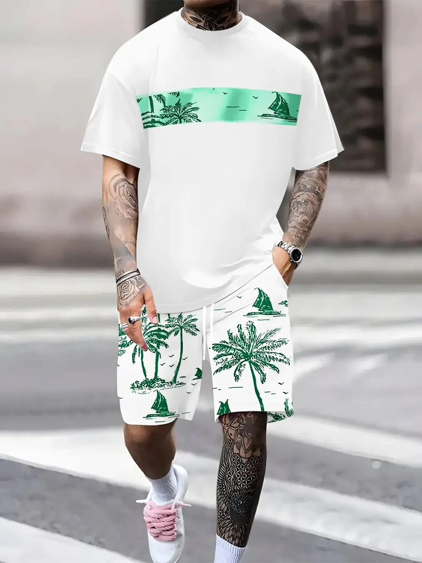 Summer 3D Sailboat Print Men's Suit Casual Loose Fit Versatile Comfortable Everyday Wear_viptrois.com