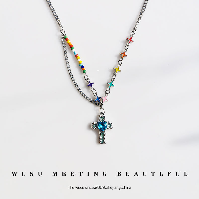 Love blue liquid cross stitching color star necklace female light luxury niche y2g Millennium style color clavicle chain Love blue liquid cross stitching color star necklace female light luxury niche y2g Millennium style color clavicle chain