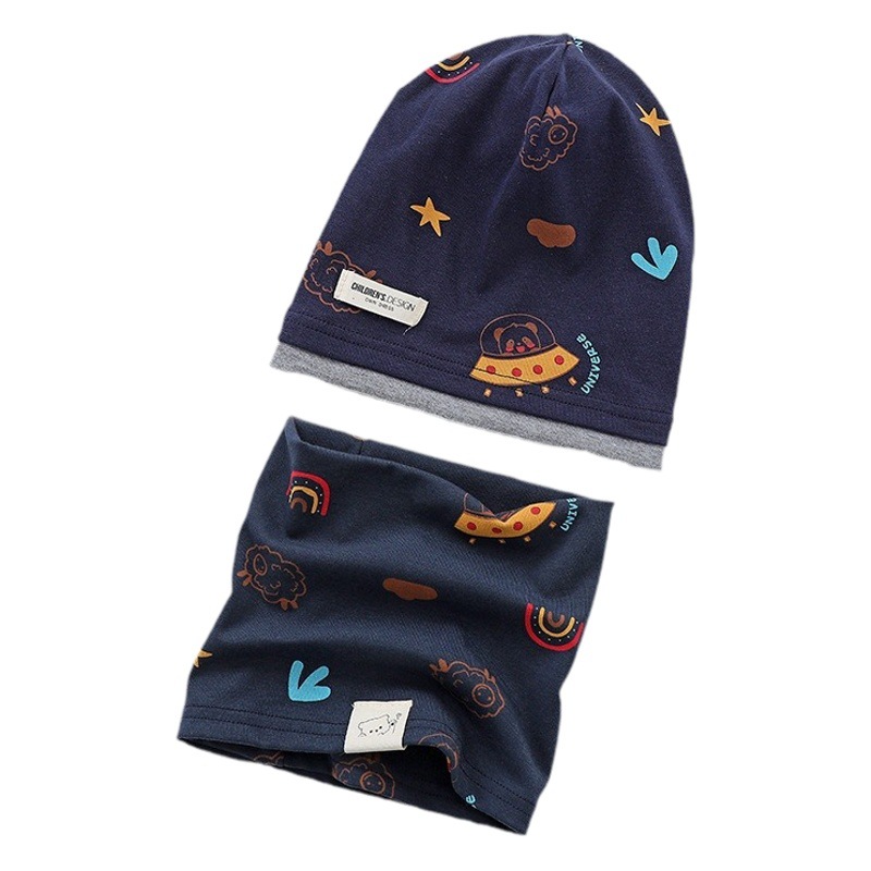 Autumn and winter new children's contrasting color pile cap baby windproof scarf 2-piece set for boys and girls cute knitted pullover cap