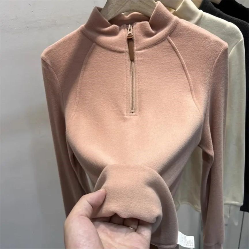 软糯双面磨毛长袖T恤女半高领打底衫上衣