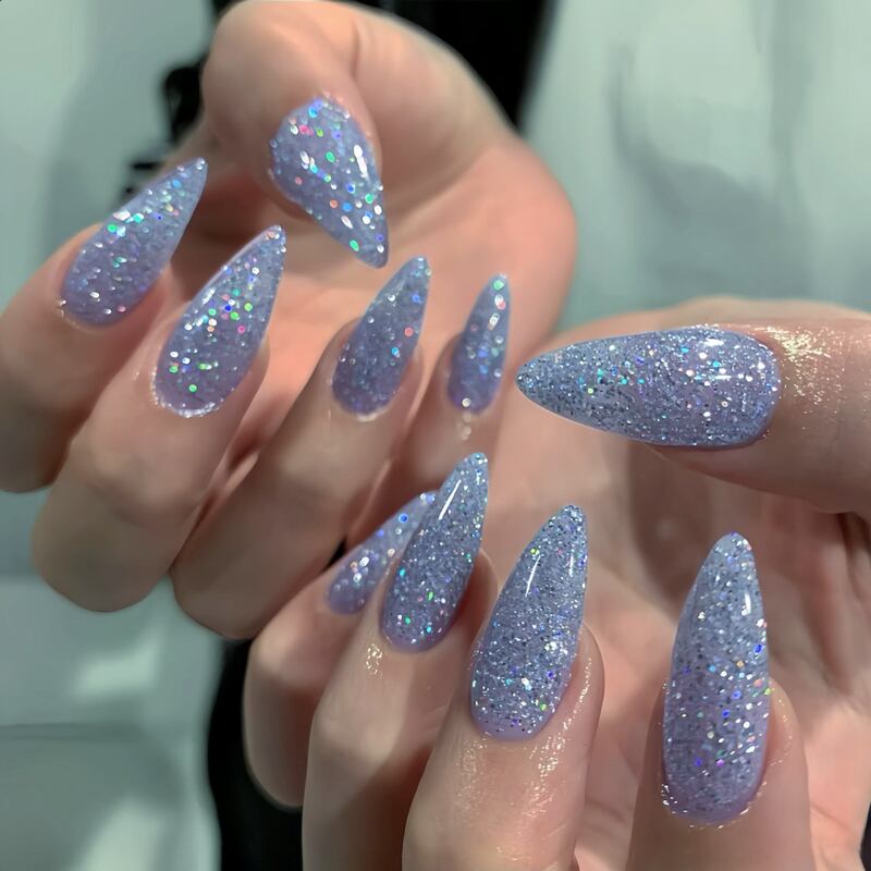 24 Pieces of Blue Phototherapy Wearable Nails, Fashionable Glitter Nail Stickers, Same Style as on Instagram
