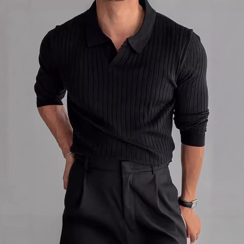 Light Mature Style Spring & Fall New Korean Men's Pure Color Threaded Elastic Lapel Pullover Slim Knitwear T-Shirt for Men Light Mature Style Spring & Fall New Korean Men's Pure Color Threaded Elastic Lapel Pullover Slim Knitwear T-Shirt for Men