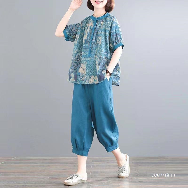 套装女新款中年妈妈夏装宽松大码民族风印花含棉时尚休闲两件套
