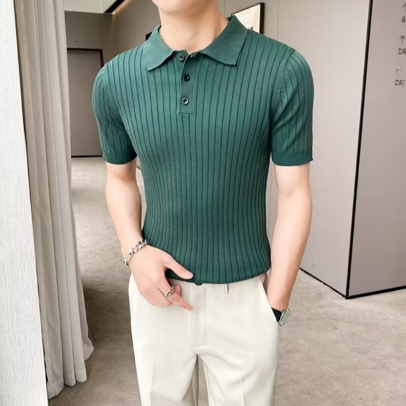 Mature Men's Slim Fit Short Sleeved Summer Knit Sweater Business Style Lapel Button American Fashion_voghion.com