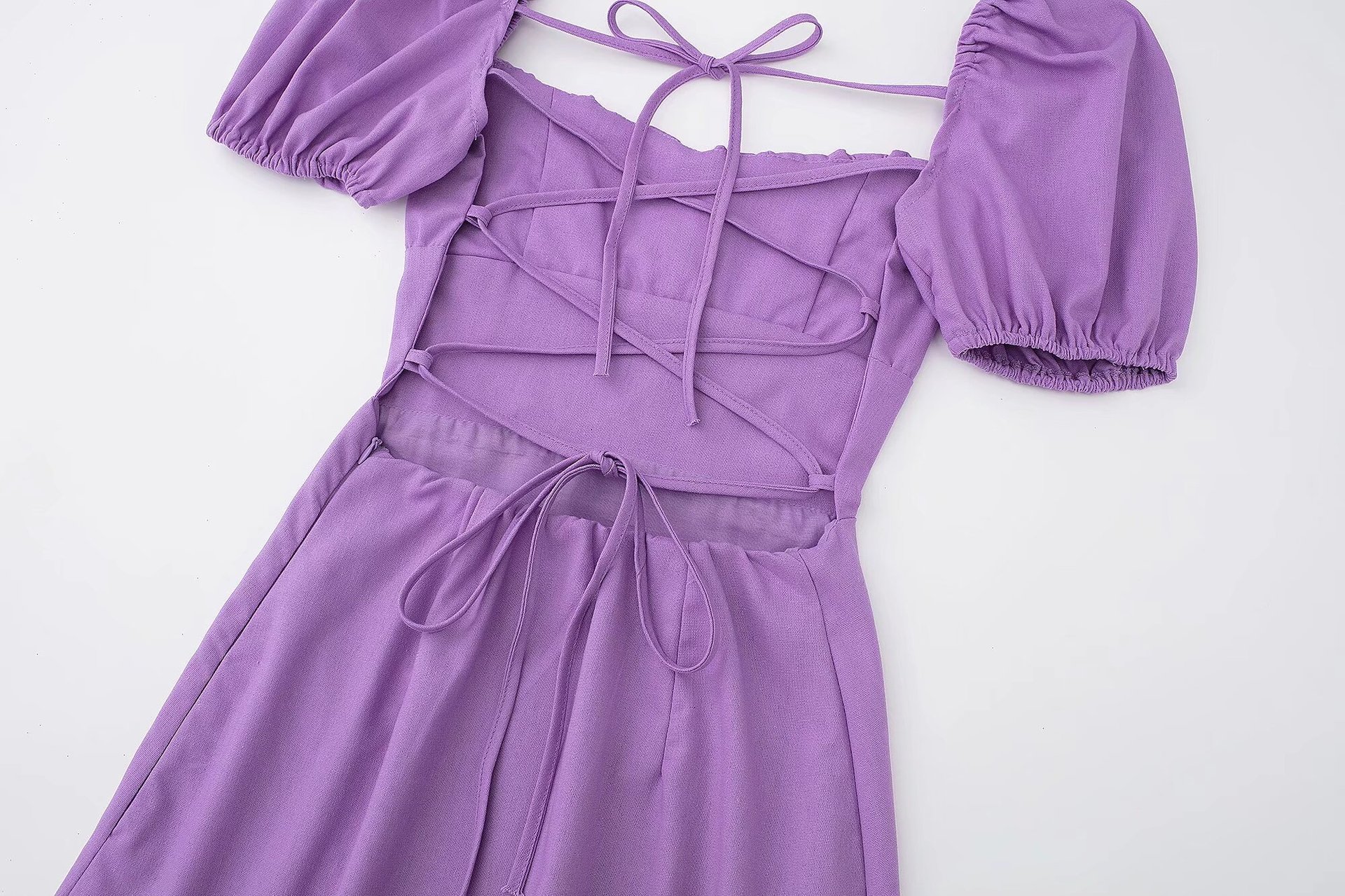 364g Weight Short Mini Dress Dress Length Type Short Sleeve Sleeve Length Princess Dress Dresses Type Puff Sleeve Sleeve Type Cotton Blend Fabric Type Mid Waist Waist Line Holiday, Daily Occasion Square Neck Neckline Slim Fit Type Solid Color Pattern Summer Season Women's Gender Elegant, Streetwear Style Black Color 6562 Spring New Women's Clothing European And American Square Collar Pure Color All-Matching Puff Sleeve Back Lace-up Backless Dress Short Skirt 11