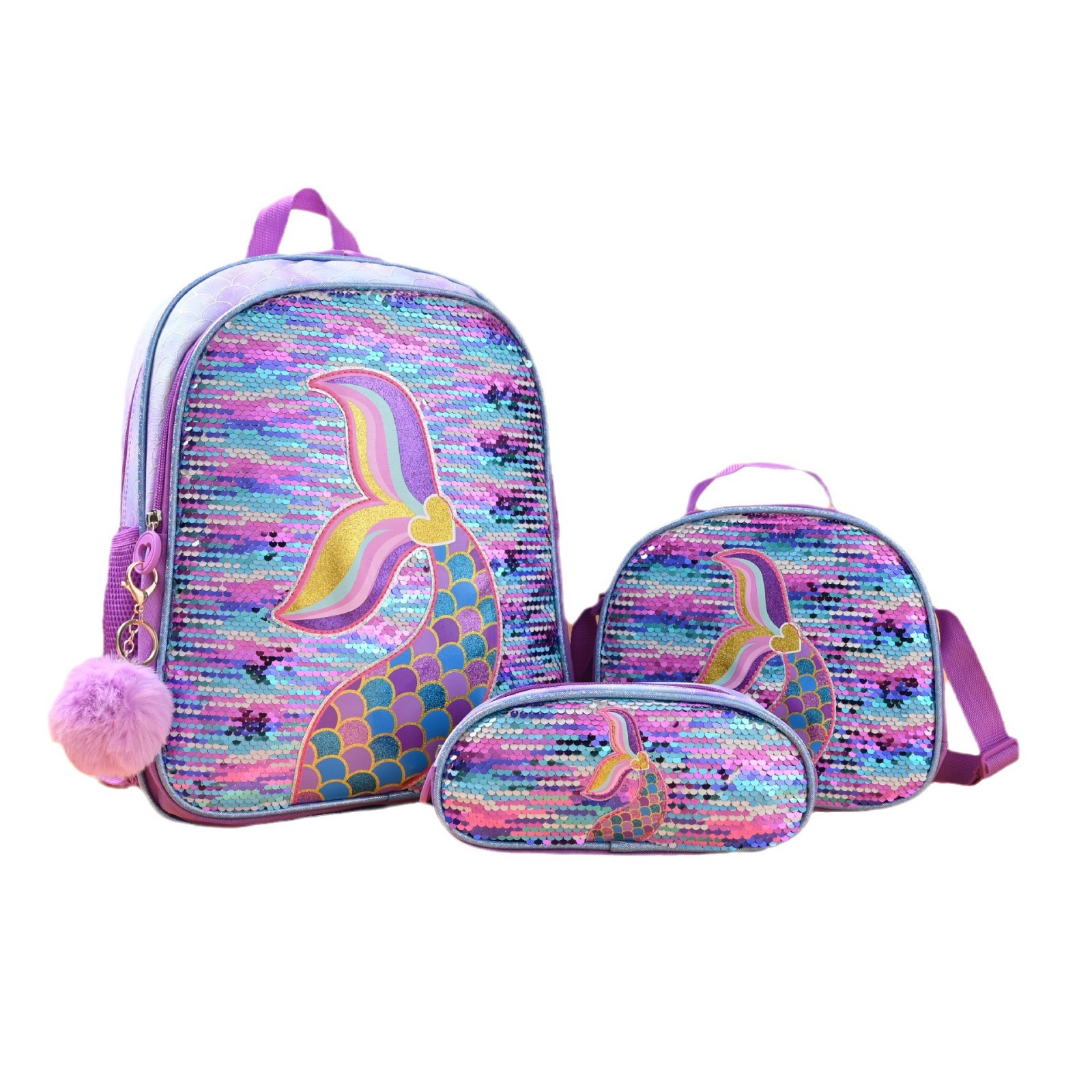 Nuevos productos al por mayor transfronterizos Mochila con bordado de cola de pez con lentejuelas láser Mochila escolar de tres piezas para niños