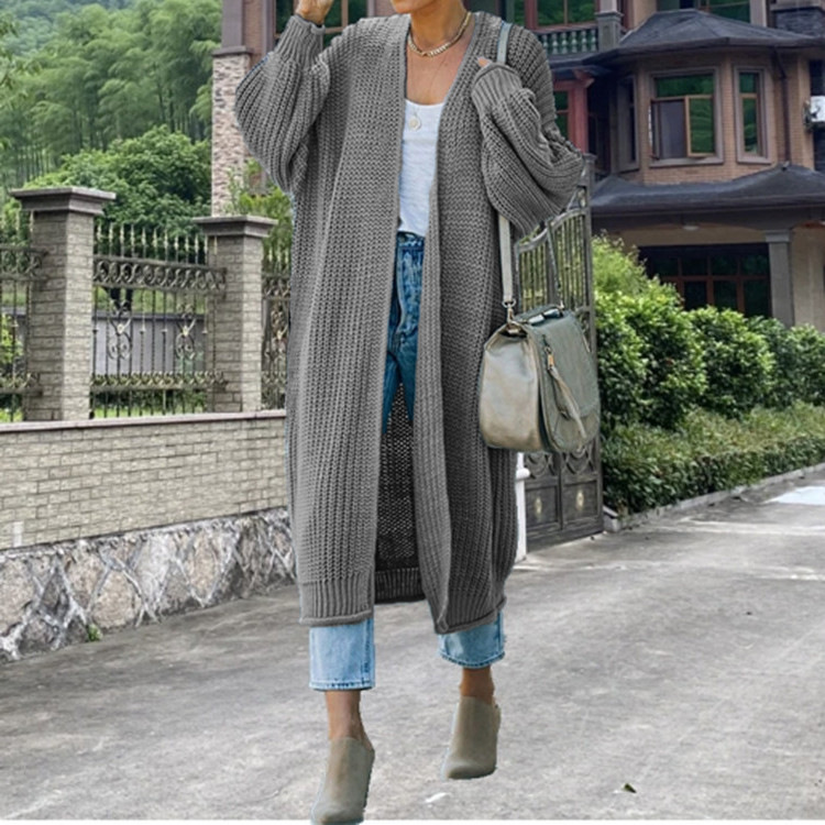 Foreign Trade Cross-Border Autumn and Winter New Women's Knitted Cardigan Top Jacket with Rolled Edges, Thick Yarn, Long Knitted Coat with V-Neck