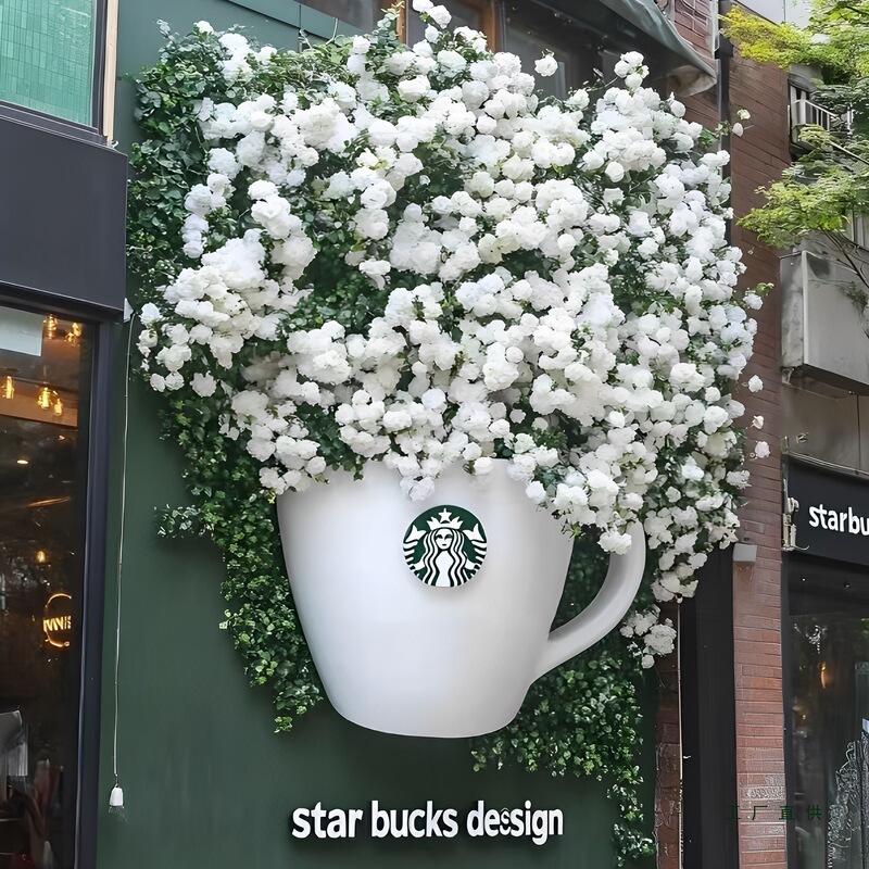 Trendy Flower Waterfall Coffee Cup Sculpture Milk Tea Coffee Shop Storefront Decoration Photo Background Fiberglass Large Ornament