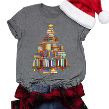 外贸女上衣跨境电商亚马逊圣诞节书本圣诞树印花彩棉T恤