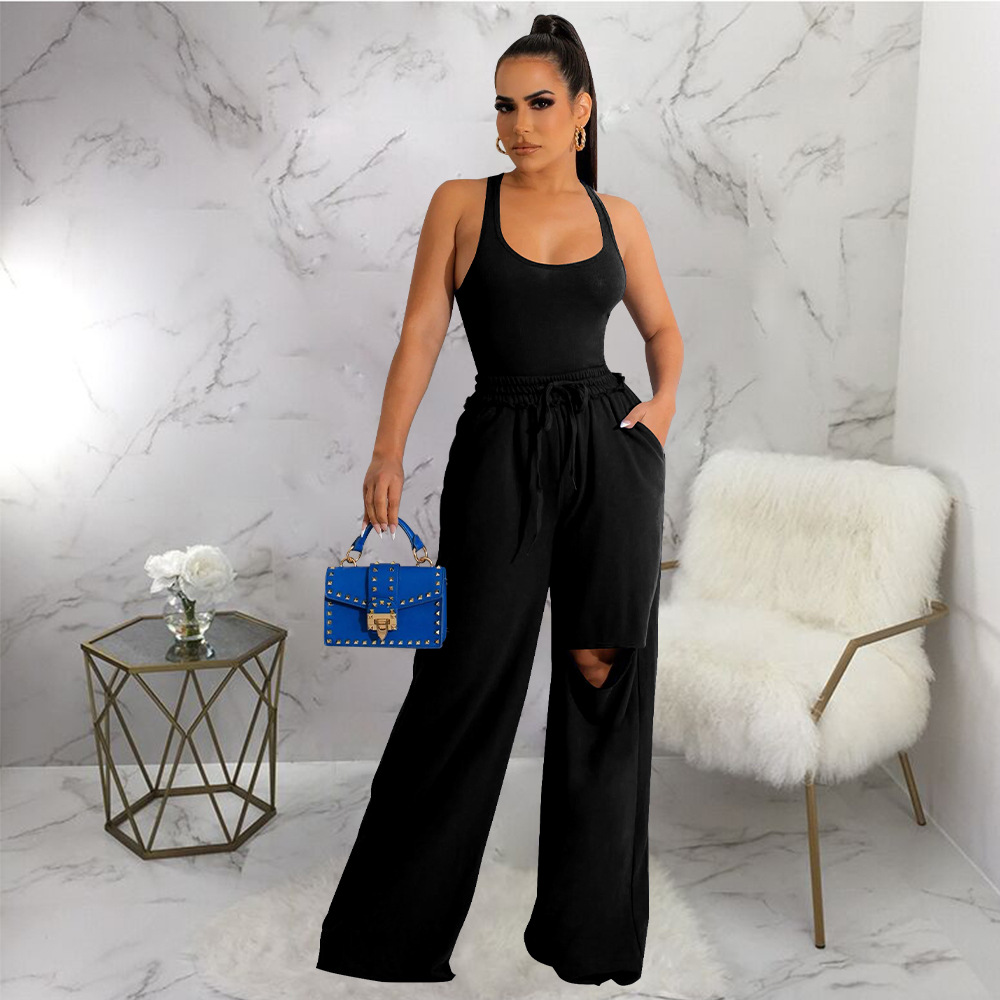 385g Weight Sleeveless Sleeve Length Spandex, Polyester, Twilled Satin Fabric Type Pant Co-ord Set Sets Type Daily Women'S Streetwear Solid Color Spandex Polyester Twilled Satin Patchwork Ripped Pant Co-ord Set Pants Sets