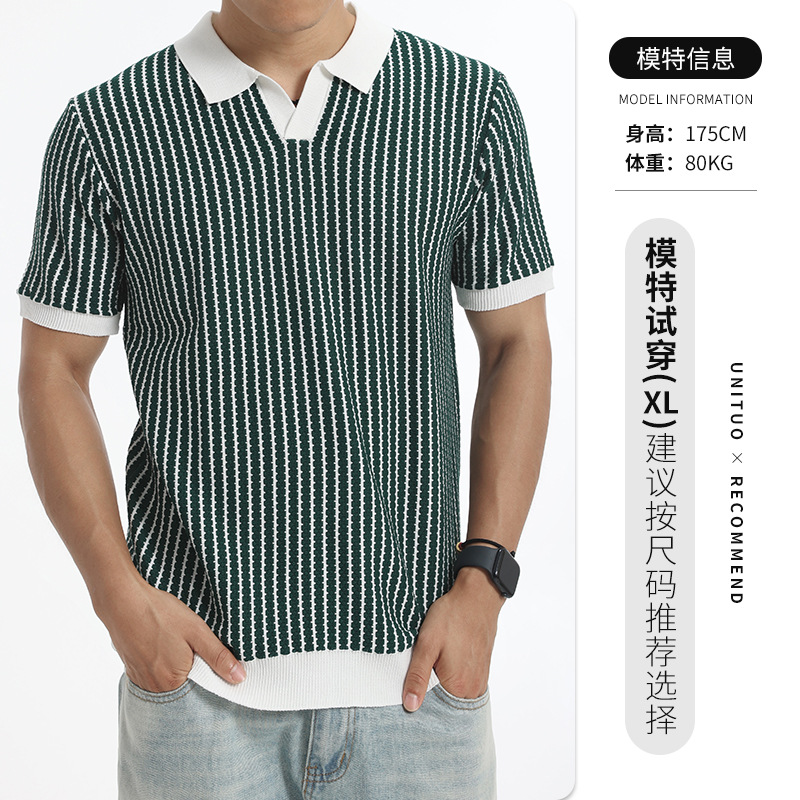 Camisas de polo de punto a rayas verticales de verano hombre ligero viento collar de collar de manga corta chaqueta de negocios casual al por mayor transfronteriza