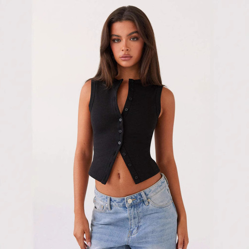 2025 Amazon TK Cross-border Women's Clothing Summer Y2K Slim Fit Hot Girl Sleeveless Round Neck Ribbed Button Vest 
