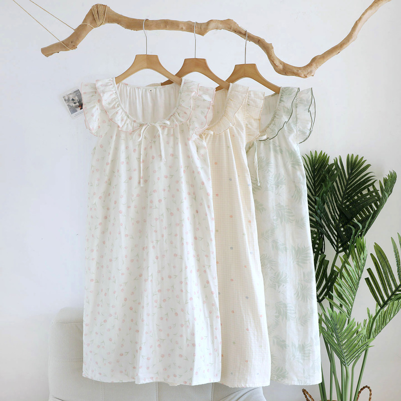 Nightgown for Women, Summer Pure Cotton Double-Layer Cotton Gauze Thin Style, Korean Style Ruffled Straps, Cute, Breathable, Loose-Fitting Home Wear Nightgown for Women, Summer Pure Cotton Double-Layer Cotton Gauze Thin Style, Korean Style Ruffled Straps, Cute, Breathable, Loose-Fitting Home Wear