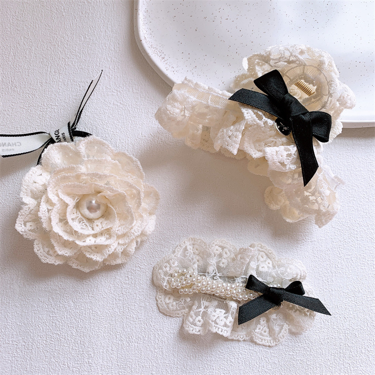 奶白蕾絲花朵珍珠蝴蝶結髮夾頭繩甜美少女氣質抓夾鯊魚夾盤發發卡
