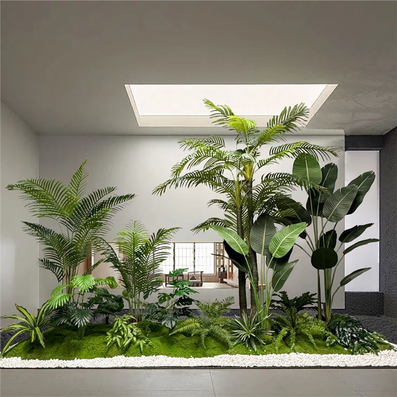 模擬植物造園、大型サボテン、オオバコ、鉢植え、オフィス、食堂、階段、窓、緑の植物の装飾|undefined
