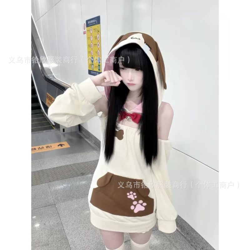 日系可爱宅萌小猫印花耳朵连帽长袖春秋软妹服宽松露肩上衣卫衣女