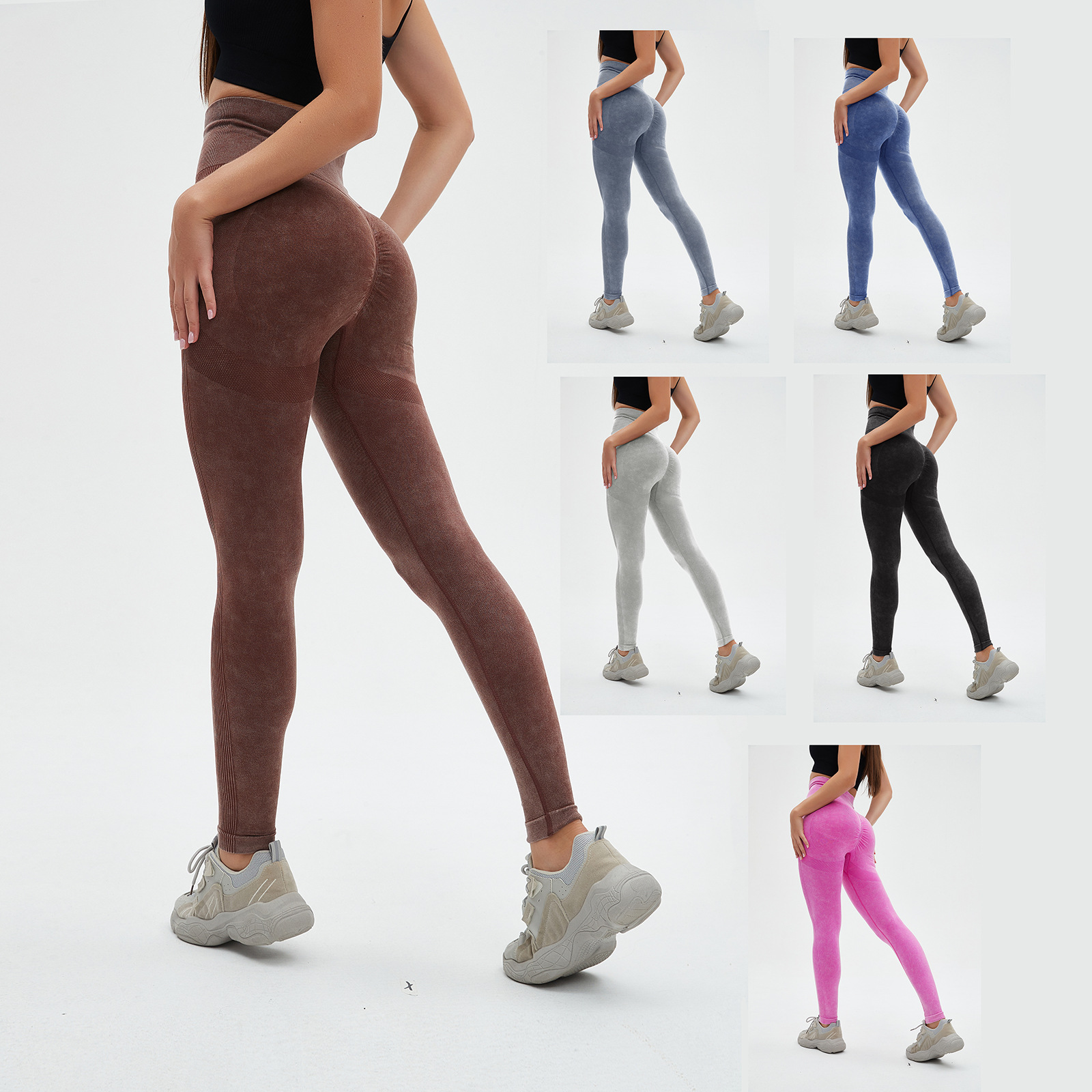 European and American Cross-border Frosted Washed Seamless Yoga Pants High Waist Peach Hip Fitness Pants Running Sports Pants