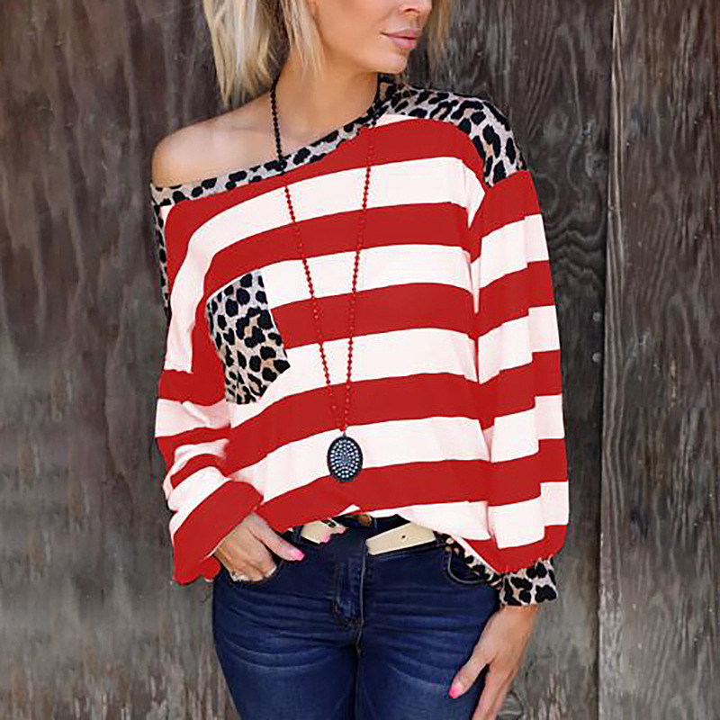 Striped Printed Long Sleeve Stitched Leopard Pocket Loose Women's Top Shirt C03660