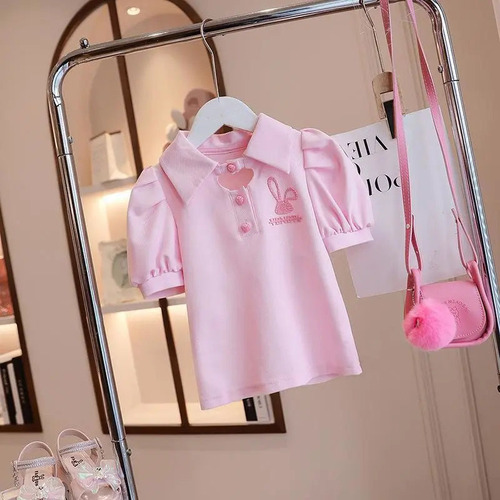 Girls' Summer T-shirt 2024 New Children's Short-sleeve Top Summer Girl Bubble Sleeve Polo Shirt Stylish Children's Clothing